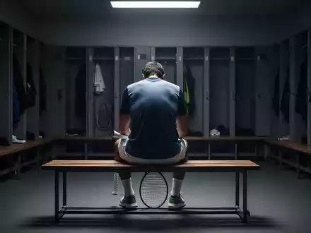 Ein Tennisspieler sitzt nachdenklich auf einer Bank in einer ruhigen Umkleidekabine, den Kopf gesenkt, ein Tennisschläger haltend. - Foto: über boerse-global.de