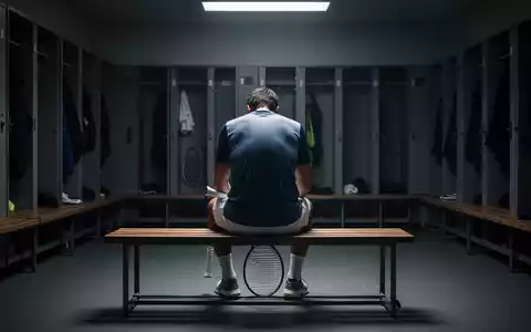 Ein Tennisspieler sitzt nachdenklich auf einer Bank in einer ruhigen Umkleidekabine, den Kopf gesenkt, ein Tennisschläger haltend. - Foto: über boerse-global.de