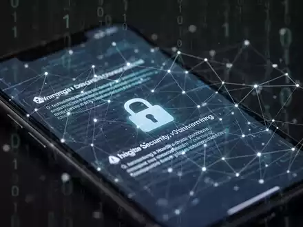 Nahaufnahme eines Smartphone-Bildschirms mit digitalen Sicherheitswarnungen und einem Vorhängeschloss-Symbol, überlagert von einem Gitternetz. - Foto: über boerse-global.de