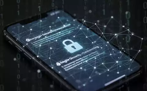 Nahaufnahme eines Smartphone-Bildschirms mit digitalen Sicherheitswarnungen und einem Vorhängeschloss-Symbol, überlagert von einem Gitternetz. - Foto: über boerse-global.de