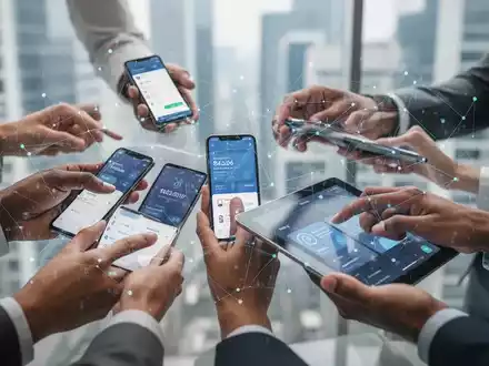 Verschiedene Hände mit Smartphones und Tablets, verbunden durch digitale Linien, symbolisieren globale Online-Banking-Nutzung und Zugänglichkeit. - Foto: über boerse-global.de