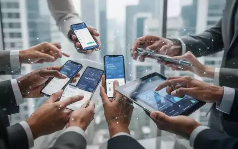Verschiedene Hände mit Smartphones und Tablets, verbunden durch digitale Linien, symbolisieren globale Online-Banking-Nutzung und Zugänglichkeit. - Foto: über boerse-global.de