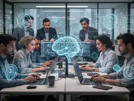 IT-Fachleute arbeiten in einem modernen Büro zusammen, mit abstrakten KI-Visualisierungen, die Mensch-KI-Synergie und Innovation symbolisieren. - Foto: über boerse-global.de