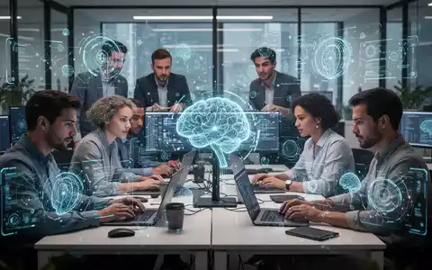 IT-Fachleute arbeiten in einem modernen Büro zusammen, mit abstrakten KI-Visualisierungen, die Mensch-KI-Synergie und Innovation symbolisieren. - Foto: über boerse-global.de