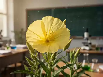 Nahaufnahme einer blühenden Nachtkerze mit verschwommenem Hintergrund, der ein Klassenzimmer oder Forschungsumfeld andeutet. - Foto: über boerse-global.de