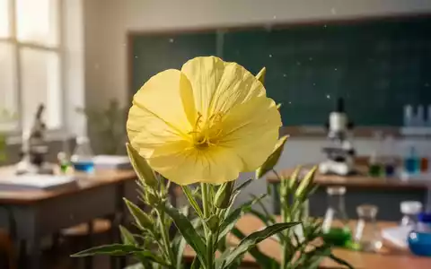 Nahaufnahme einer blühenden Nachtkerze mit verschwommenem Hintergrund, der ein Klassenzimmer oder Forschungsumfeld andeutet. - Foto: über boerse-global.de