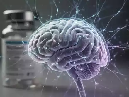 Ein verschwommener Hintergrund einer Medikamentenflasche mit einer scharfen Gehirnaufnahme, die neuronale Netzwerke zeigt. - Foto: über boerse-global.de
