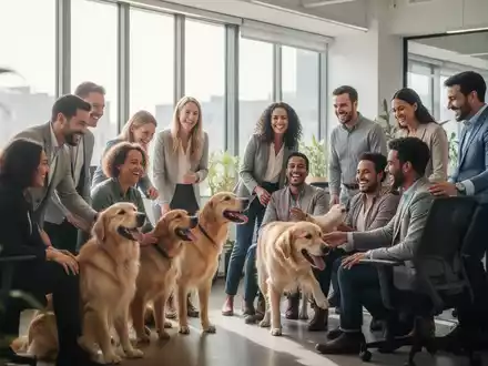 Mitarbeiter interagieren in einem modernen Büro mit Hunden, was Wohlbefinden und eine flexible Arbeitsumgebung symbolisiert. - Foto: über boerse-global.de