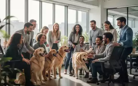 Mitarbeiter interagieren in einem modernen Büro mit Hunden, was Wohlbefinden und eine flexible Arbeitsumgebung symbolisiert. - Foto: über boerse-global.de