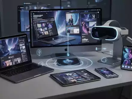 Mehrere Apple-Geräte, darunter MacBook, iPad, iPhone und Vision Pro, sind in einem modernen Arbeitsbereich drahtlos verbunden. - Foto: über boerse-global.de