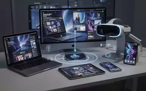 Mehrere Apple-Geräte, darunter MacBook, iPad, iPhone und Vision Pro, sind in einem modernen Arbeitsbereich drahtlos verbunden. - Foto: über boerse-global.de