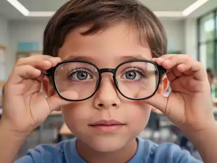 Ein Kind blickt durch eine Brille, mit einem unscharfen Hintergrund, der ein Klassenzimmer oder einen Park andeutet. - Foto: über boerse-global.de
