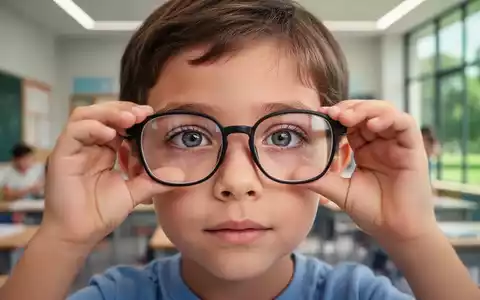 Ein Kind blickt durch eine Brille, mit einem unscharfen Hintergrund, der ein Klassenzimmer oder einen Park andeutet. - Foto: über boerse-global.de