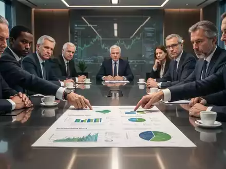 Aktionäre in einem Sitzungssaal begutachten kritisch einen Nachhaltigkeitsbericht mit Diagrammen und Grafiken auf einem Tisch. - Foto: über boerse-global.de
