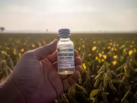 Eine Hand hält eine Pestizidflasche vor einem verschwommenen Sojabohnenfeld in Südamerika, das die Auswirkungen von Agrochemikalien symbolisiert. - Foto: über boerse-global.de