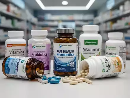Nahaufnahme von Nahrungsergänzungsmitteln für die Darmgesundheit, darunter Flaschen und Kapseln, auf einer modernen Oberfläche. - Foto: über boerse-global.de