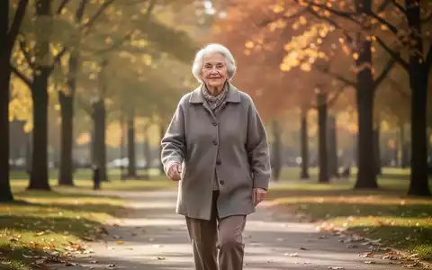 Ältere Frau geht zügig auf einem Parkweg, umgeben von Herbstbäumen, symbolisiert Gesundheit und Aktivität im Alter. - Foto: über boerse-global.de