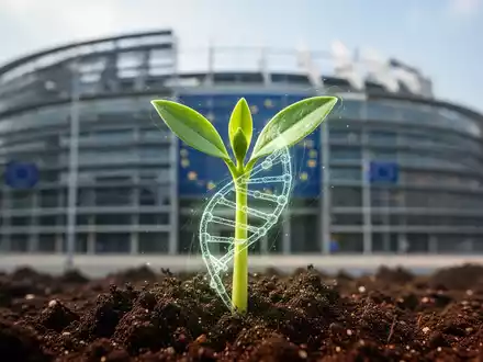 Nahaufnahme einer jungen Pflanze, die aus der Erde sprießt, mit angedeuteten digitalen Linien, die ihre Genetik symbolisieren, vor dem verschwommenen Hintergrund des Europäischen Parlaments. - Foto: über boerse-global.de