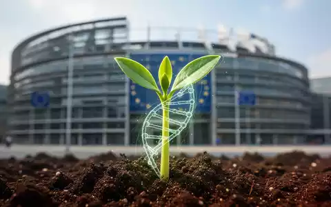 Nahaufnahme einer jungen Pflanze, die aus der Erde sprießt, mit angedeuteten digitalen Linien, die ihre Genetik symbolisieren, vor dem verschwommenen Hintergrund des Europäischen Parlaments. - Foto: über boerse-global.de