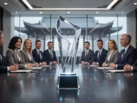 Eine Nahaufnahme eines stilisierten Award-Pokals auf einer glänzenden Oberfläche, mit unscharfen Geschäftsleuten im Hintergrund. - Foto: über boerse-global.de