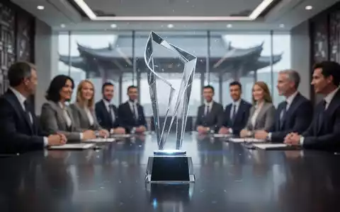 Eine Nahaufnahme eines stilisierten Award-Pokals auf einer glänzenden Oberfläche, mit unscharfen Geschäftsleuten im Hintergrund. - Foto: über boerse-global.de
