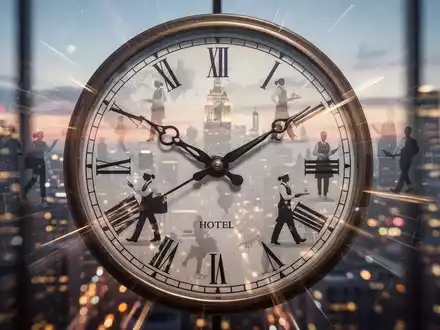 Eine stilisierte Uhr mit schnell beweglichen Zeigern, überlagert von schemenhaften Silhouetten von Hotel- und Restaurantmitarbeitern. - Foto: über boerse-global.de