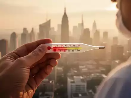Eine Hand hält ein Thermometer, das eine hohe Temperatur anzeigt, im Hintergrund eine verschwommene Stadtlandschaft unter einer Hitzewelle. - Foto: über boerse-global.de