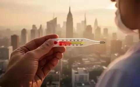 Eine Hand hält ein Thermometer, das eine hohe Temperatur anzeigt, im Hintergrund eine verschwommene Stadtlandschaft unter einer Hitzewelle. - Foto: über boerse-global.de