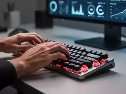 Nahaufnahme von Händen, die schnell auf einer modernen mechanischen Tastatur tippen, mit verschwommenem Hintergrund eines Bildschirms mit Leistungsdaten. - Foto: über boerse-global.de