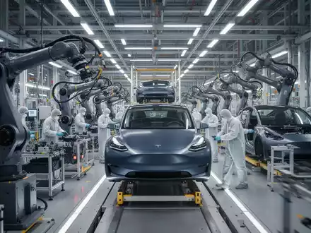 Hightech-Tesla-Werkshalle in Deutschland mit Roboterarmen, Fließbändern und Arbeitern, die Expansion und gesteigerte Produktion symbolisieren. - Foto: über boerse-global.de