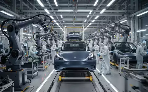 Hightech-Tesla-Werkshalle in Deutschland mit Roboterarmen, Fließbändern und Arbeitern, die Expansion und gesteigerte Produktion symbolisieren. - Foto: über boerse-global.de