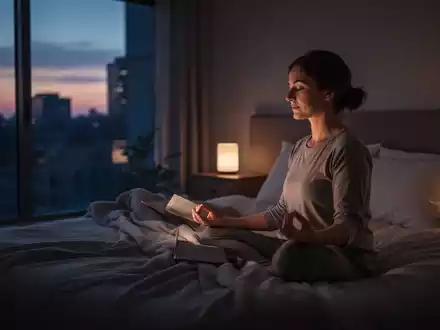 Eine ruhige, abendliche Szene in einem Schlafzimmer, die Entspannung und Achtsamkeit vor dem Schlafengehen darstellt. - Foto: über boerse-global.de