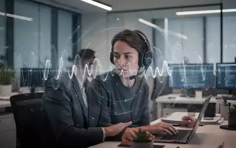 Eine Person mit Kopfhörern in einem modernen Büro, umgeben von abstrakten Klangwellen, die Konzentration und Produktivität symbolisieren. - Foto: über boerse-global.de