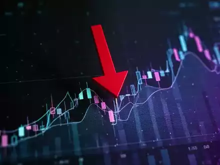 Ein roter Pfeil zeigt nach unten und durchbohrt einen digitalen Börsenchart, der fallende Kurse nach einem Tech-Ausverkauf symbolisiert. - Foto: über boerse-global.de