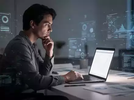 Eine Person sitzt nachdenklich an einem Schreibtisch vor einem Laptop, umgeben von einer ruhigen, konzentrierten Atmosphäre. Das Bild zeigt mentale Arbeit und Fokus. - Foto: über boerse-global.de