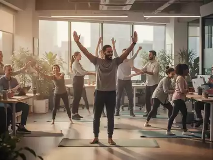 Mitarbeiter in einem modernen Büro, die an Wellness-Aktivitäten teilnehmen und zusammenarbeiten, symbolisieren betriebliche Gesundheitsförderung. - Foto: über boerse-global.de
