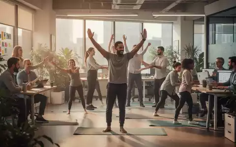 Mitarbeiter in einem modernen BĂŒro, die an Wellness-AktivitĂ€ten teilnehmen und zusammenarbeiten, symbolisieren betriebliche Gesundheitsförderung. - Foto: ĂŒber boerse-global.de
