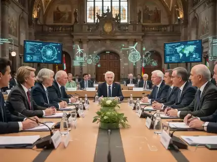 Internationale Konferenzteilnehmer diskutieren in einem prächtigen historischen Saal über Nachhaltigkeit und globale Herausforderungen. - Foto: über boerse-global.de