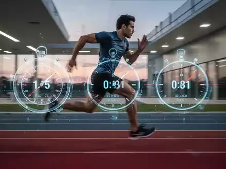 Eine Person läuft schnell auf einer modernen Laufbahn, umgeben von verschwommener Bewegung und digitalen Zeitanzeigen. - Foto: über boerse-global.de