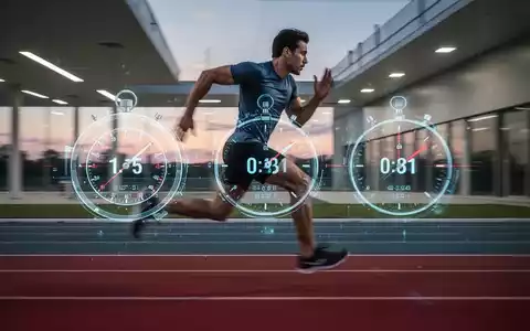 Eine Person läuft schnell auf einer modernen Laufbahn, umgeben von verschwommener Bewegung und digitalen Zeitanzeigen. - Foto: über boerse-global.de