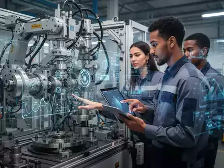 Ein Teamleiter in einer modernen Industrieanlage, der eine komplexe automatisierte Maschine überwacht und digitale Schnittstellen nutzt. - Foto: über boerse-global.de