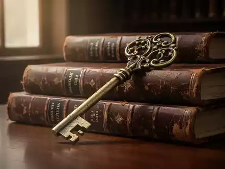 Ein alter, verzierter Messingschlüssel liegt auf einem Stapel alter, ledergebundener Rechtsbücher in einem schwach beleuchteten Arbeitszimmer. - Foto: über boerse-global.de