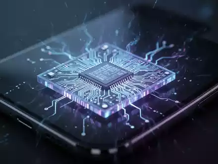 Nahaufnahme eines futuristischen Mikrochips mit leuchtenden Schaltkreisen in Blau- und Violetttönen, vor einem unscharfen Smartphone-Hintergrund. - Foto: über boerse-global.de