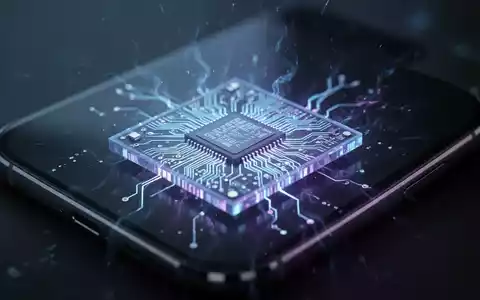Nahaufnahme eines futuristischen Mikrochips mit leuchtenden Schaltkreisen in Blau- und Violetttönen, vor einem unscharfen Smartphone-Hintergrund. - Foto: über boerse-global.de