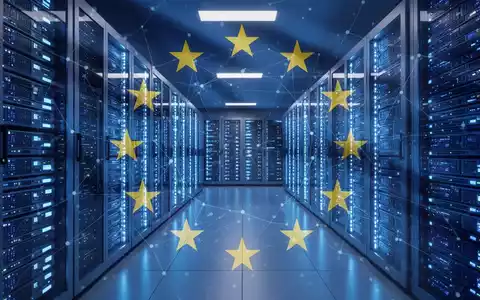 Stilisierte Datenzentrale mit blau leuchtenden Serverracks und dezentem EU-Flaggenmotiv als Symbol für Cloud-Regulierung. - Foto: über boerse-global.de