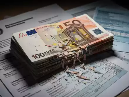Nahaufnahme von teilweise zerrissenen Euro-Banknoten zwischen Regierungsdokumenten und Arztrechnungen, die finanzielle Kürzungen und Gesundheitsherausforderungen symbolisieren. - Foto: über boerse-global.de