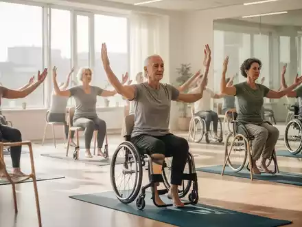 Eine vielfältige Gruppe von Menschen, darunter auch Menschen mit Behinderungen, praktiziert gemeinsam Yoga auf Stühlen und Matten in einem hellen Raum. - Foto: über boerse-global.de