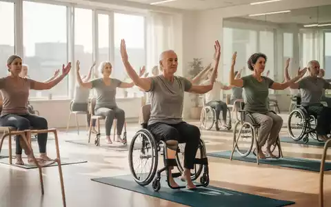 Eine vielfältige Gruppe von Menschen, darunter auch Menschen mit Behinderungen, praktiziert gemeinsam Yoga auf Stühlen und Matten in einem hellen Raum. - Foto: über boerse-global.de