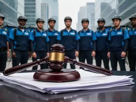 Ein stilisierter Rechtshammer ruht auf juristischen Dokumenten, im Hintergrund eine Gruppe von Lieferdienstmitarbeitern in einer urbanen Umgebung. - Foto: über boerse-global.de