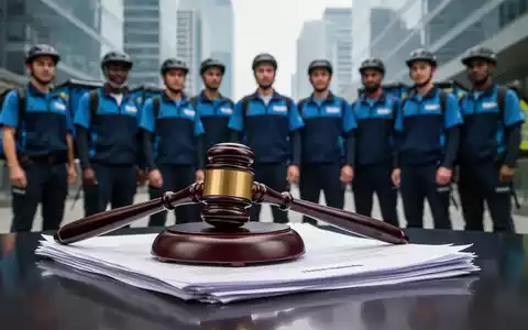 Ein stilisierter Rechtshammer ruht auf juristischen Dokumenten, im Hintergrund eine Gruppe von Lieferdienstmitarbeitern in einer urbanen Umgebung. - Foto: über boerse-global.de